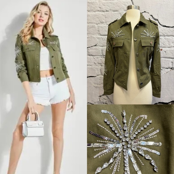 Guess Jackets & Blazers - Guess Military Army Green Embellished Gemstone Bling‎ Moto Jacket Cropped Beaded